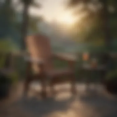 A classic Adirondack chair placed on a scenic porch with a sunset backdrop.