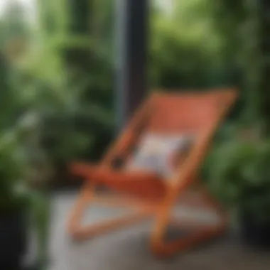 A modern geometric porch chair with vibrant colors, set against a lush green garden.