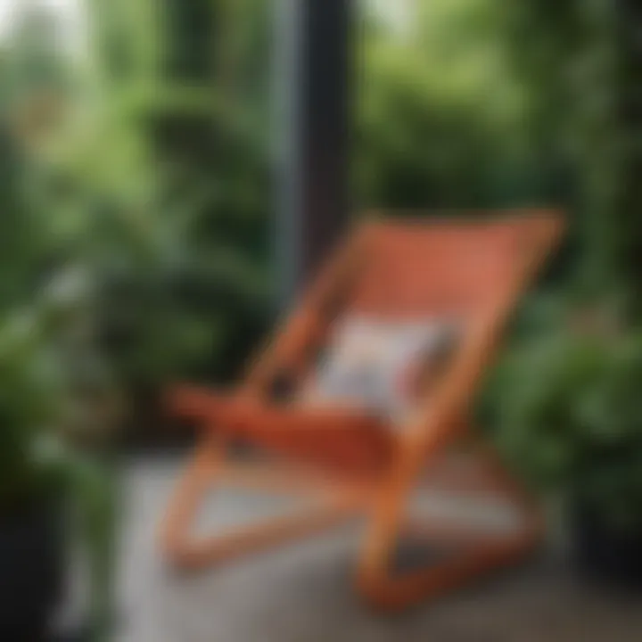 A modern geometric porch chair with vibrant colors, set against a lush green garden.