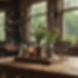 Charming vintage farmhouse decor elements displayed on a rustic wooden table
