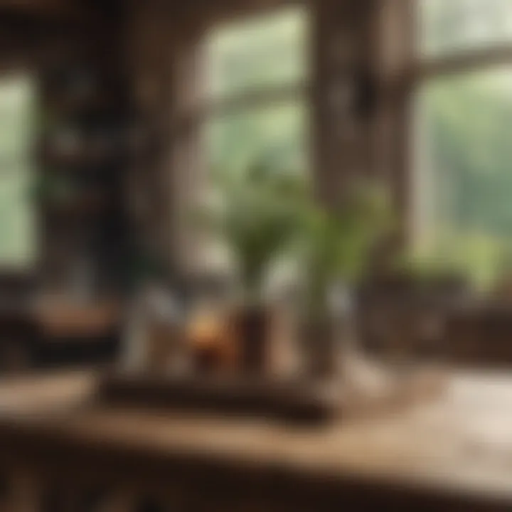 Charming vintage farmhouse decor elements displayed on a rustic wooden table