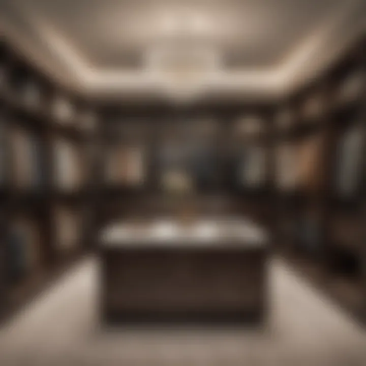 Luxurious walk-in closet featuring decorative lighting and premium materials