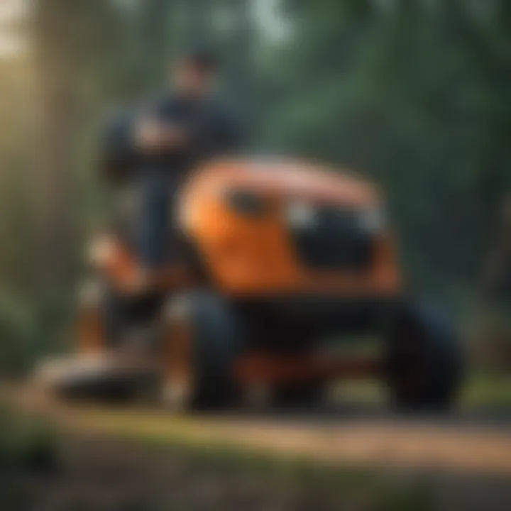 Person performing maintenance on a riding mower