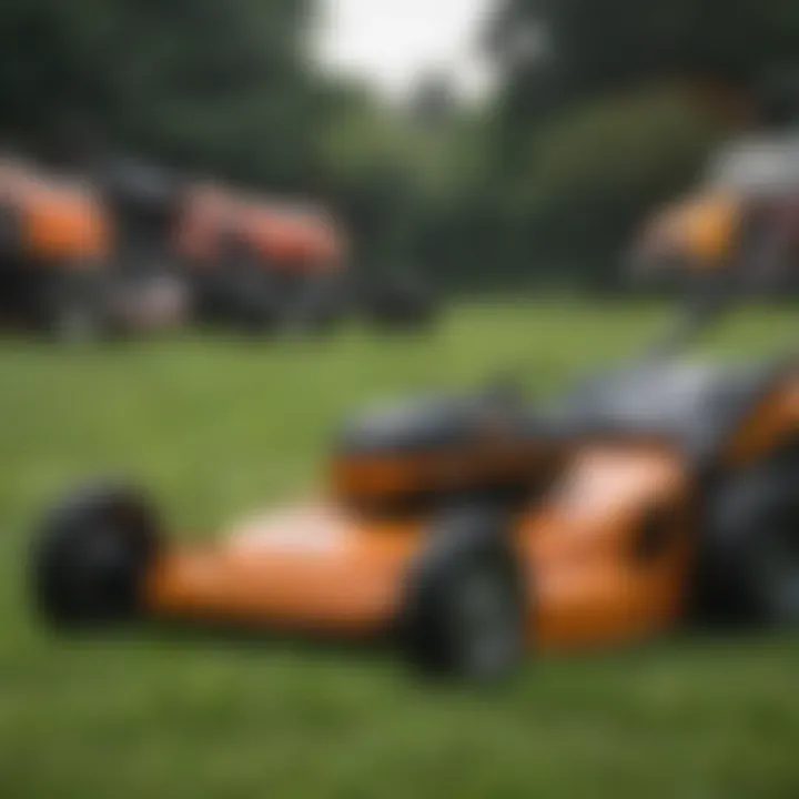 Close-up of various mower types side by side