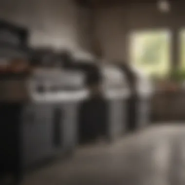 A variety of gas grills displayed in a showroom setting