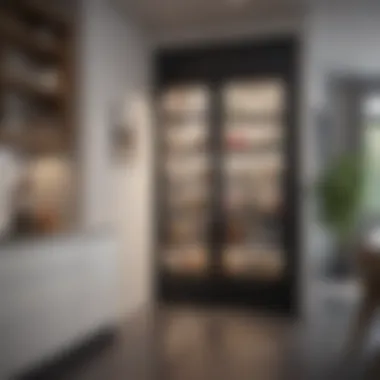 Modern kitchen featuring glass doors for pantry space