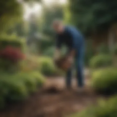 Gardener applying fertilizer in a well-maintained garden