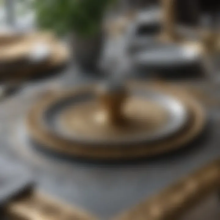 Close-up of intricate details on a gold and grey dining table set