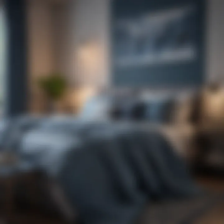 Cozy bedroom featuring a blend of blue and gray textiles