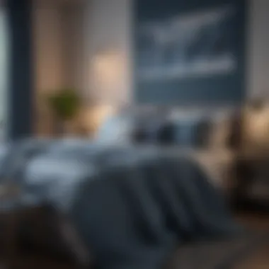 Cozy Bedroom with Blue and Gray Textiles Cozy bedroom featuring a blend of blue and gray textiles