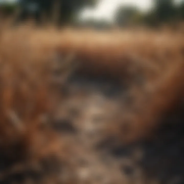 Close-up of brown grass illustrating damage