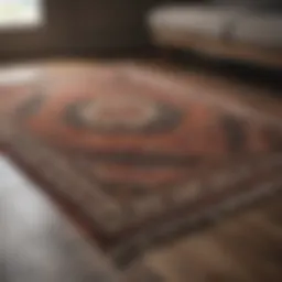 A beautifully patterned area rug laid out on a wooden floor