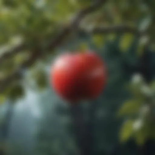 A close-up view of an apple hanging on a tree branch, showcasing its vibrant color and texture.