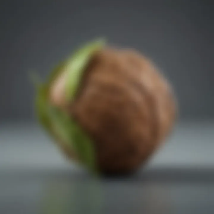 A detailed look at a walnut in its green husk, highlighting its unique shape and structure.