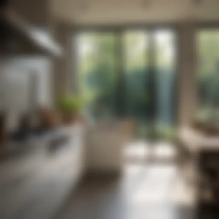 Natural light pouring through large windows in a contemporary kitchen