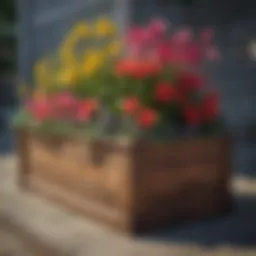 Modern wooden planter box with vibrant flowers