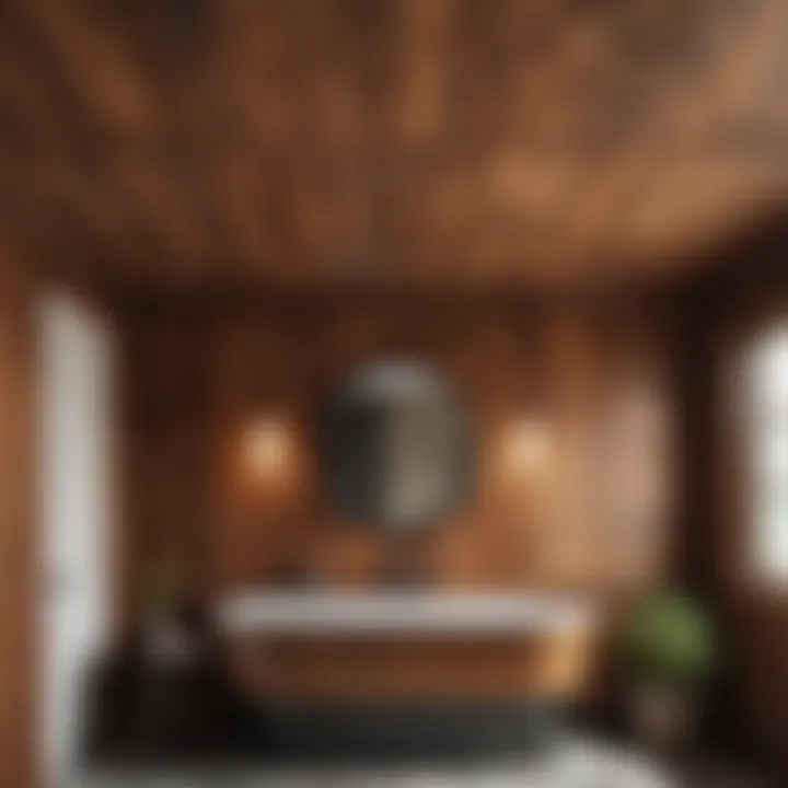 Stylish wood paneling ceiling in a rustic-themed bathroom