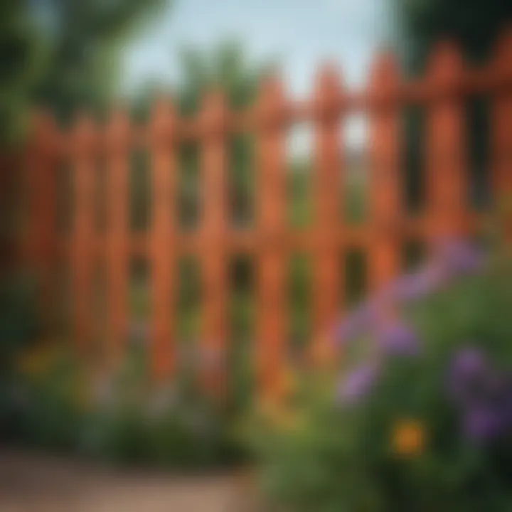 Vibrant colored fence with decorative motifs and garden flowers