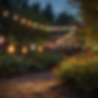 Colorful string lights draped across a garden