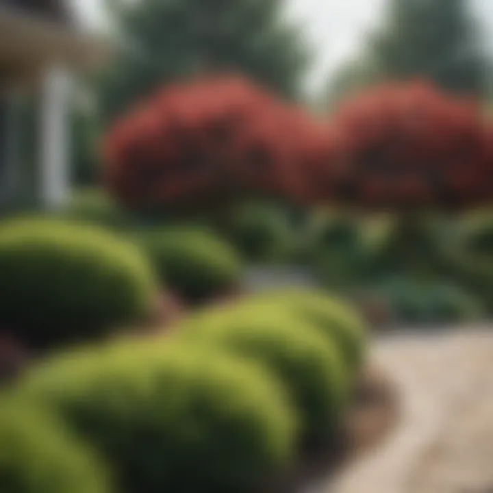 A beautifully landscaped yard featuring flowering evergreens