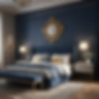 Luxurious bedroom with deep blue walls and gold accents