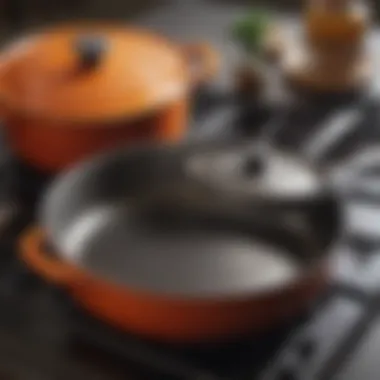 Close-up of Le Creuset steel cookware highlighting its unique design details