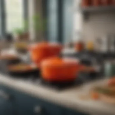 Chef utilizing Le Creuset steel cookware in a vibrant kitchen setting