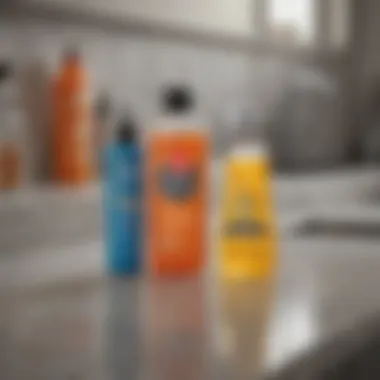 Cleaning supplies arranged neatly on a quartz countertop