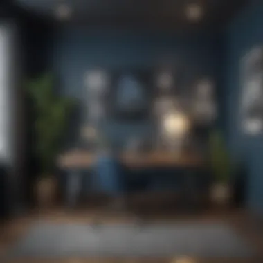 Bold color palette featuring deep blues and greys