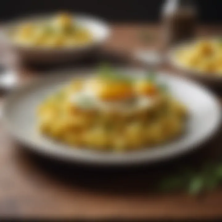 A fluffy scrambled egg dish garnished with herbs, exuding freshness.