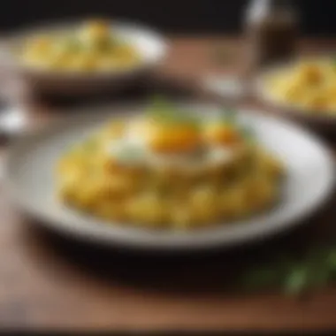 Fluffy Delight: Scrambled Eggs A fluffy scrambled egg dish garnished with herbs, exuding freshness.