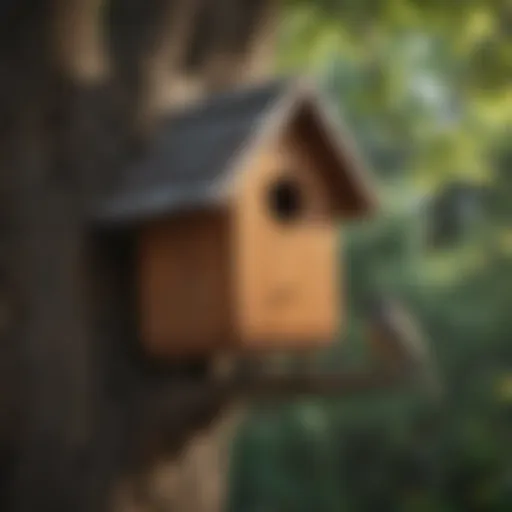 Bird house mounted on a tree branch