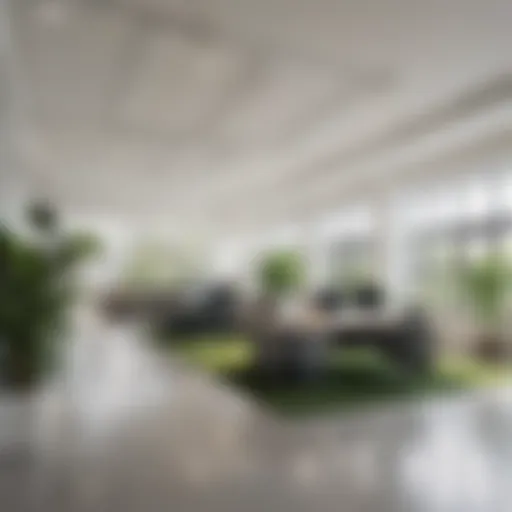 A bright and airy modern office layout with large windows and greenery