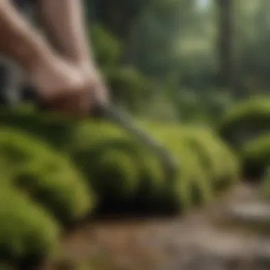 Gardener using tools to remove moss