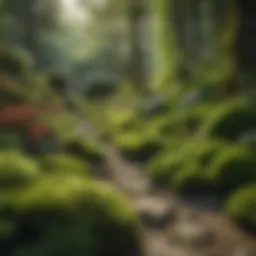 Lush green garden with mossy patches