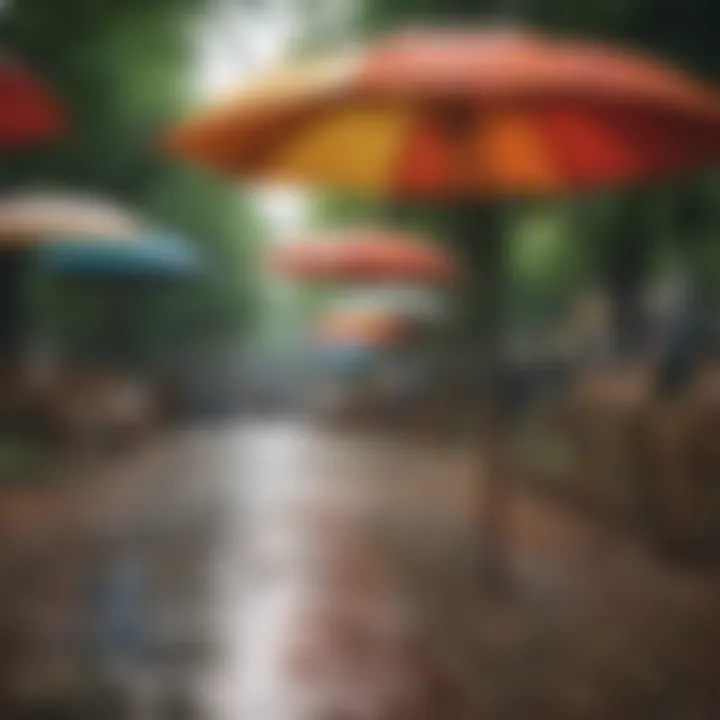 Group of multi-color umbrellas in a public park