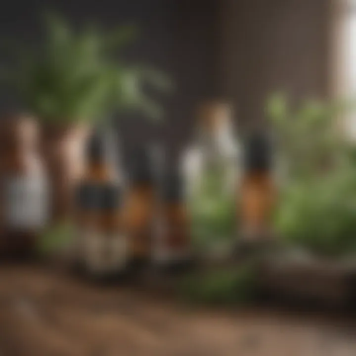 Bottles of essential oils arranged alongside fresh herbs, illustrating natural deterrents.