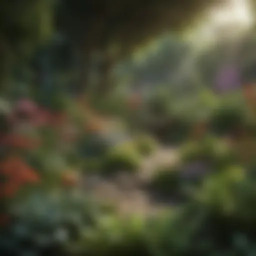 A lush garden filled with diverse plants and flowers, showcasing a vibrant ecosystem.