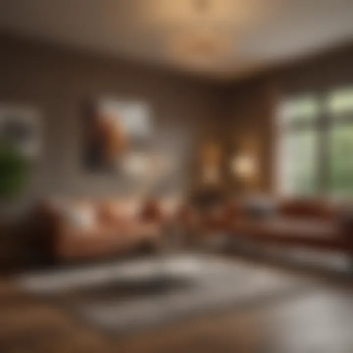 Lighting effects enhancing color choices in a brown-furnished living room