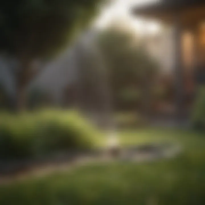 A garden hose watering grass in the evening