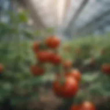 Close-up view of healthy tomato plants in a greenhouse