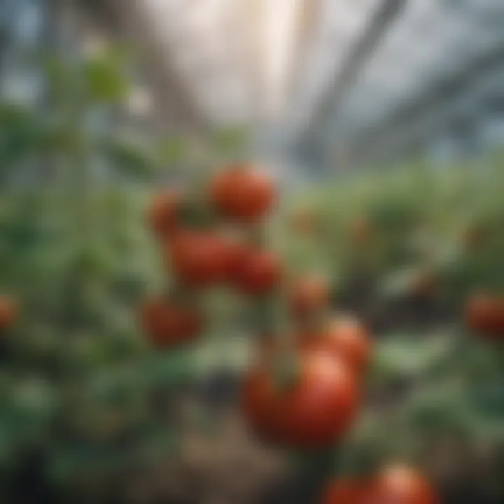 Close-up view of healthy tomato plants in a greenhouse