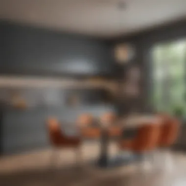 Bold Dining Area with Gray Cabinets Dining area showcasing gray cabinets with bold accent wall color