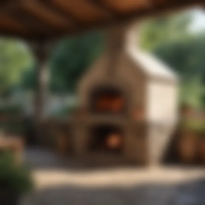 A rustic pizza oven constructed from stone, adding charm to an outdoor kitchen