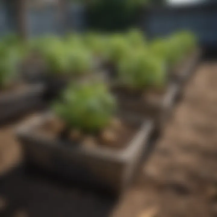 Various types of potato growing containers displayed outdoors