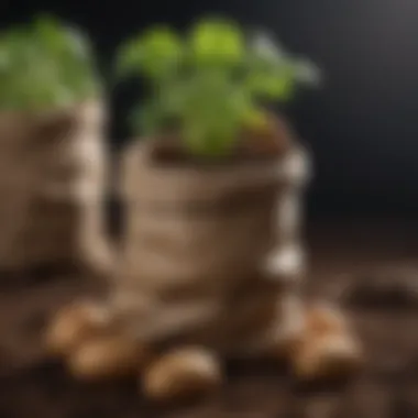 Close-up of a fabric potato growing bag filled with soil and sprouting potatoes