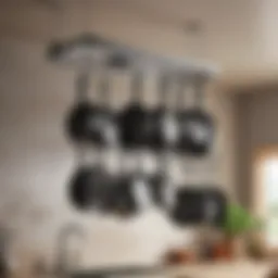 Elegant pull-out hanging pot rack showcasing various pots and pans