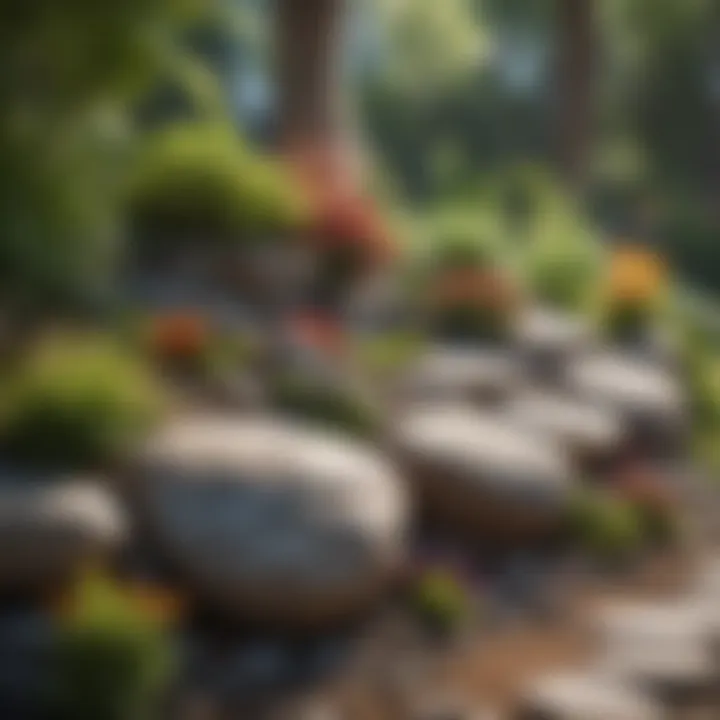 A beautifully arranged rock garden with various sizes of stones and colorful plants.