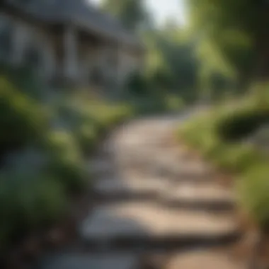 A front yard featuring a rock pathway surrounded by lush greenery.