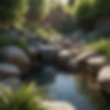 A serene water feature integrated with rocks, enhancing the front yard's appeal.